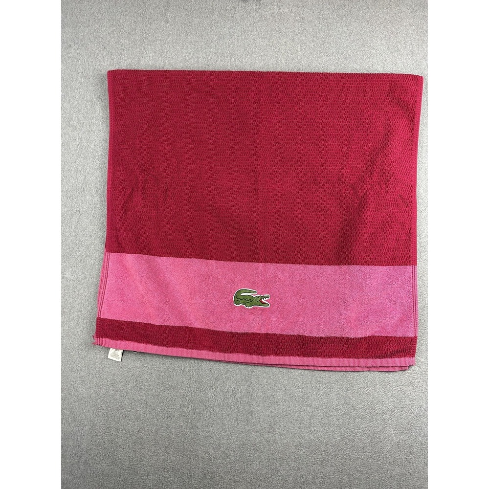 Lacoste Bath Towel 2x4 Red Cotton Striped Embroidered Crocodile Logo Bathroom
